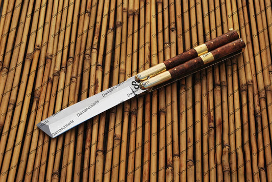 Personalized Custom Handmade D2 Tool Steel Original Filipino Balisong Butterfly Knife Brass with Narra Burl Wood with Leather Sheath