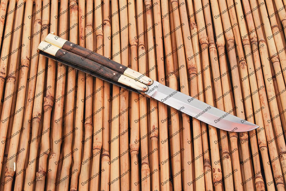 Personalized Custom Handmade D2 Tool Steel Original Filipino Balisong Butterfly Knife Brass with Narra Wood with Leather Sheath