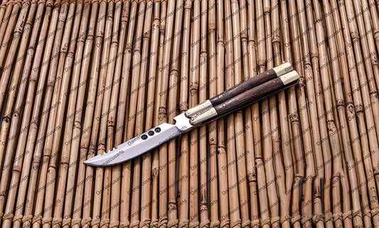 Personalized Custom Handmade D2 Tool Steel Original Filipino Balisong Butterfly KnifeBrass with Narra Wood Inserts with Leather Sheath