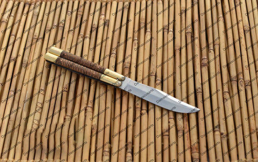 Personalized Custom Handmade D2 Tool Steel Original Filipino Balisong Butterfly Knife Brass with Narra Wood with Leather Sheath