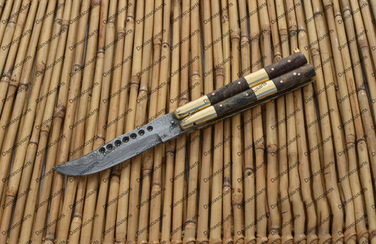 Personalized Custom Handmade D2 Tool Steel Original Filipino Balisong Butterfly Knife Brass with Narra Burl Wood with Leather Sheath