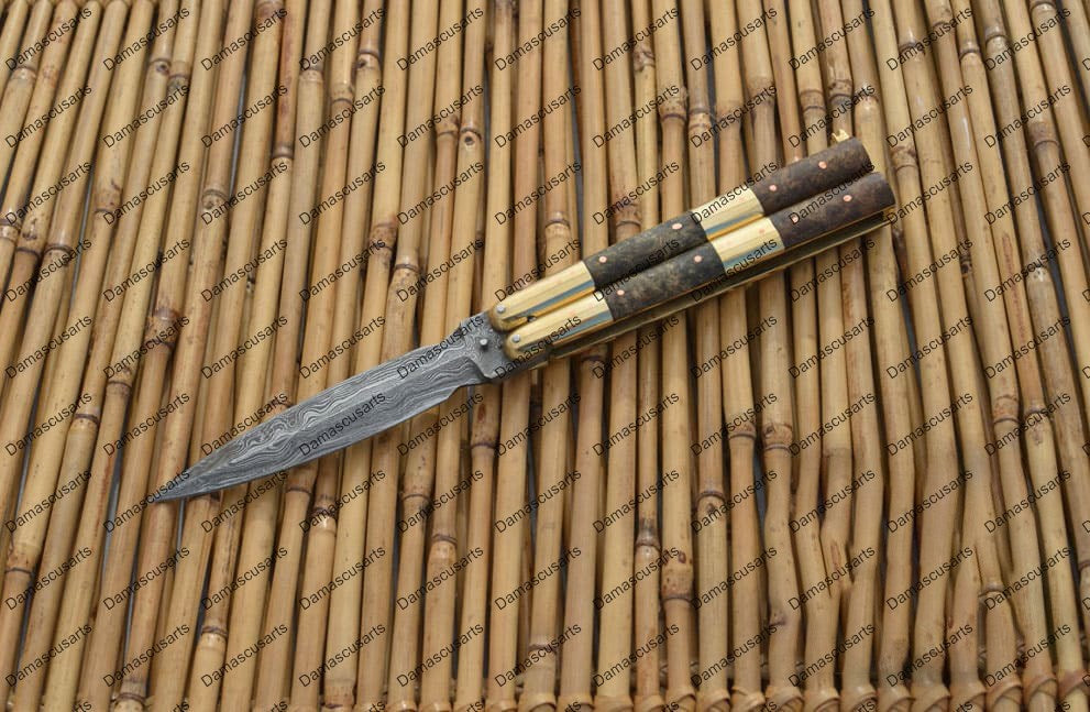 Personalized Custom Handmade D2 Tool Steel Original Filipino Balisong Butterfly Knife Brass with Narra Burl Wood with Leather Sheath