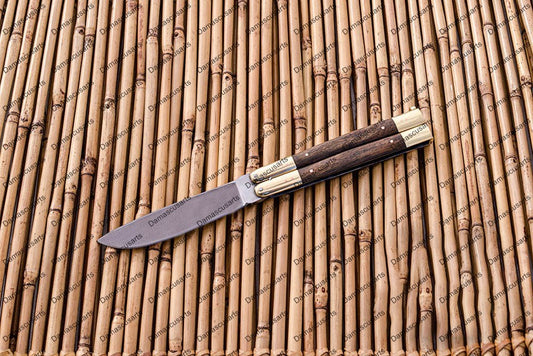 Personalized Custom Handmade D2 Tool Steel Original Filipino Balisong Butterfly Knife Brass with Narra Wood with Leather Sheath