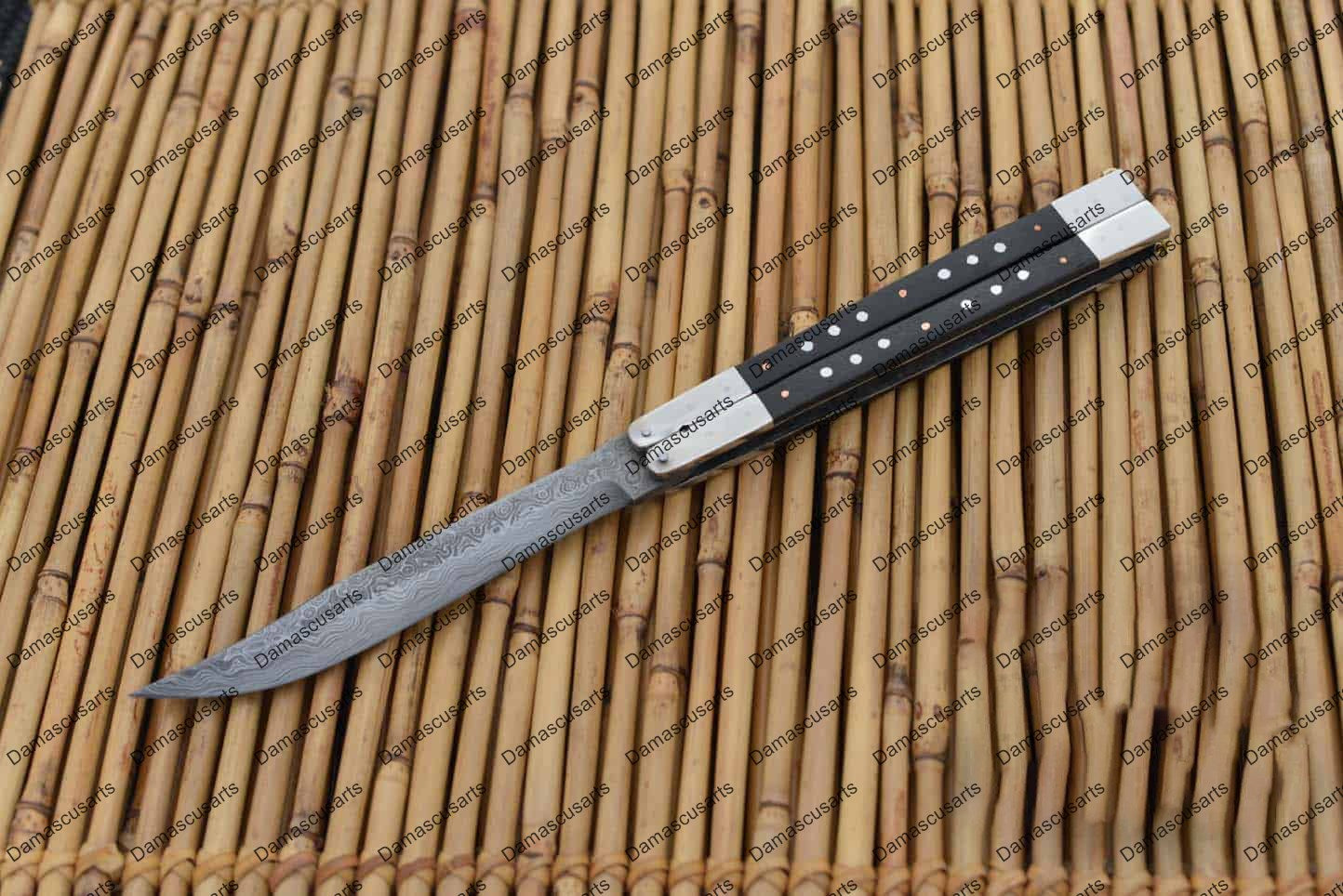 Personalized Custom Handmade D2 Tool Steel Original Filipino Balisong Butterfly Knife Stainless Steel with Old Bog Oak Inserts with Leather Sheath