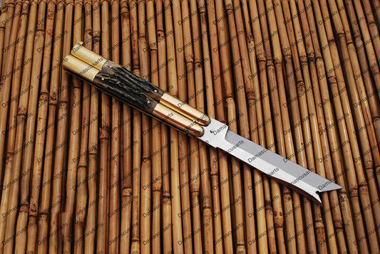 Personalized Custom Handmade D2 Tool Steel Original Filipino Balisong Butterfly Knife Brass with Philippine Sambar Deer Horn Inserts with Leather Sheath