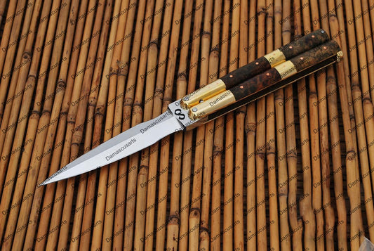 Personalized Custom Handmade D2 Tool Steel Original Filipino Balisong Butterfly Knife Brass with Narra Burl Wood with Leather Sheath