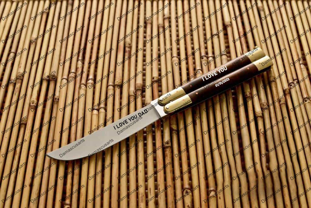 Personalized Custom Handmade D2 Tool Steel Original Filipino Balisong Butterfly Knife Brass with Narra Wood with Leather Sheath