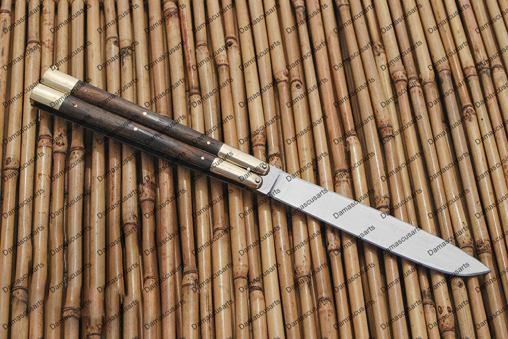 Personalized Custom Handmade D2 Tool Steel Original Filipino Balisong Butterfly Knife Brass with Narra Wood with Leather Sheath