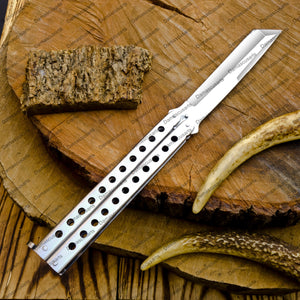 11" personalize customize handmade Brown Argus D2 Tool Steel Filipino Balisongs butterfly Knife world class Knives with leather sheath