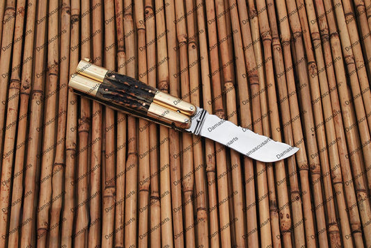 Personalized Custom Handmade D2 Tool Steel Original Filipino Balisong Butterfly Knife Brass with Philippine Sambar Deer Horn Inserts with Leather Sheath