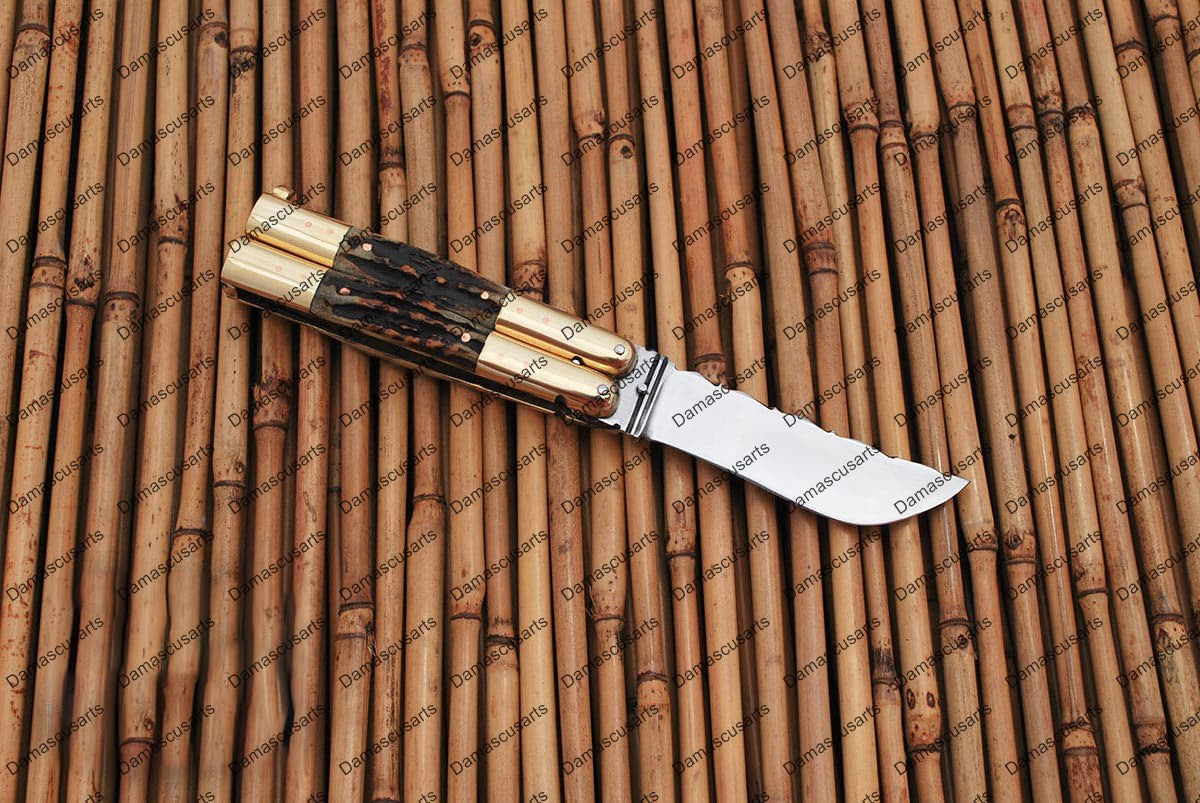 Personalized Custom Handmade D2 Tool Steel Original Filipino Balisong Butterfly Knife Brass with Philippine Sambar Deer Horn Inserts with Leather Sheath