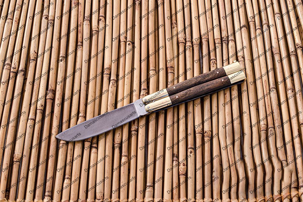 Personalized Custom Handmade D2 Tool Steel Original Filipino Balisong Butterfly Knife Brass with Narra Wood with Leather Sheath