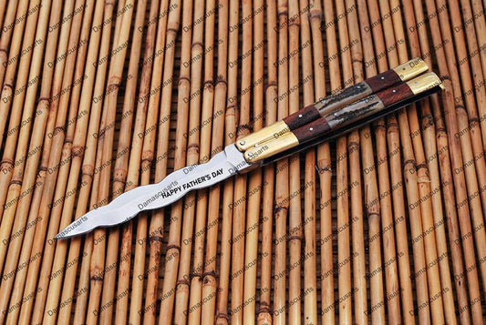 Personalized Custom Handmade D2 Tool Steel Original Filipino Balisong Butterfly Knife Brass with Narra Wood & Bone Inserts with Leather Sheath