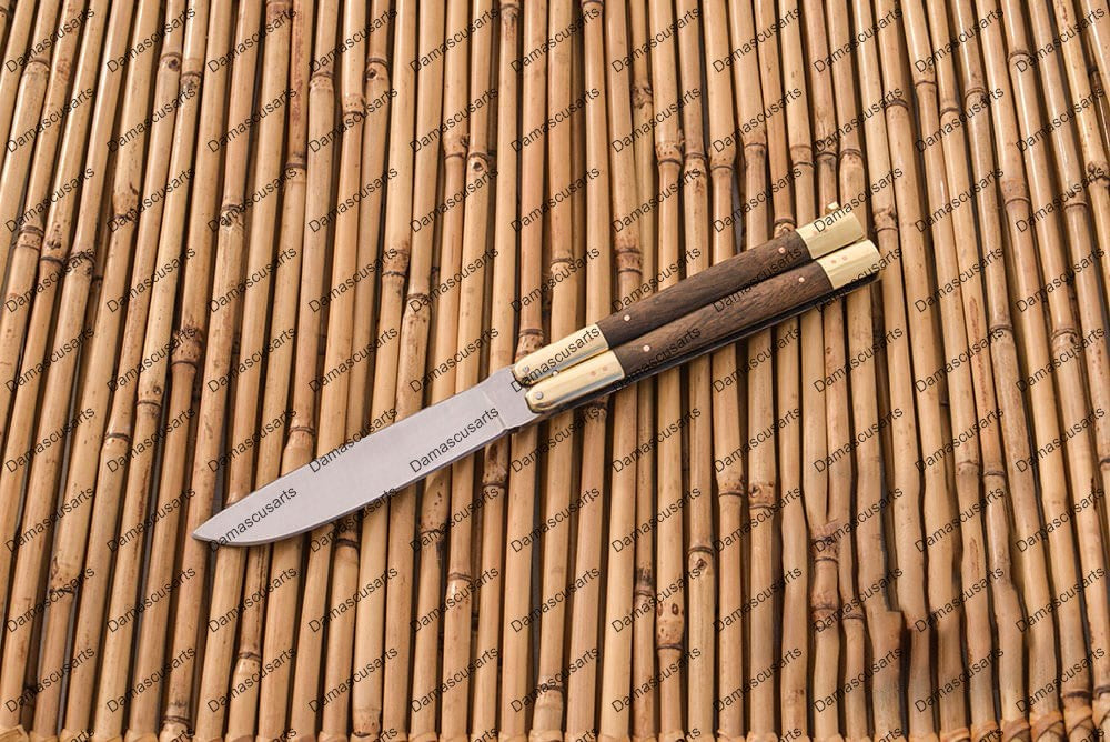 Personalized Custom Handmade D2 Tool Steel Original Filipino Balisong Butterfly Knife Brass with Narra Wood Inserts with Leather Sheath