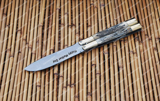 PERSONALIZED CUSTOM HANDMADE 440C STAINLESS STEEL ORIGINAL FILIPINO BALISONGS BUTTERFLY KNIFE BRASS WITH PHILIPPINE DEER HORN INSERTS WITH LEATHER SHEATH