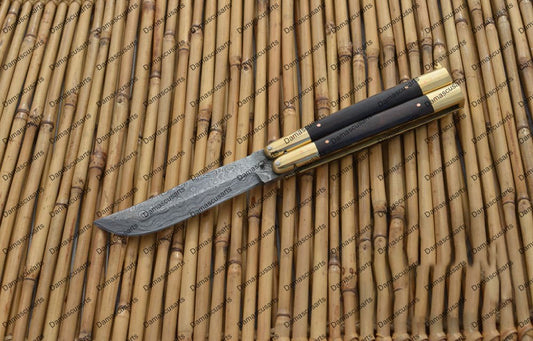 Personalized Custom Handmade D2 Tool Steel Original Filipino Balisong Butterfly Knife Brass with African Blackwood with Leather Sheath