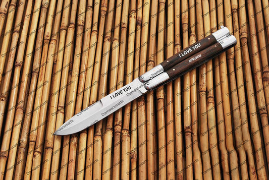 Personalized Custom Handmade D2 Tool Steel Original Filipino Balisong Butterfly Knife Aluminum with Narra Wood with Leather Sheath