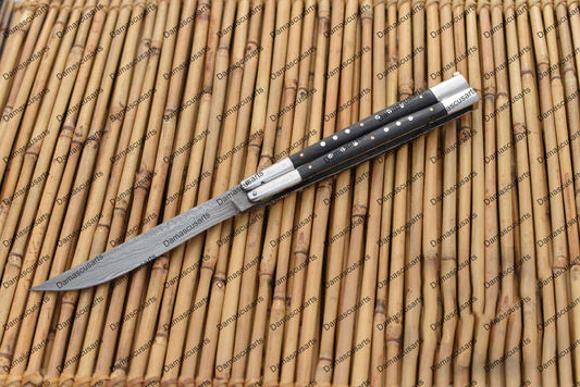 Personalized Custom Handmade D2 Tool Steel Original Filipino Balisong Butterfly Knife Stainless Steel with Old Bog Oak Inserts with Leather Sheath