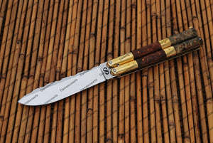 Personalized Custom Handmade D2 Tool Steel Original Filipino Balisong Butterfly Knife Brass with Narra Burl Wood with Leather Sheath