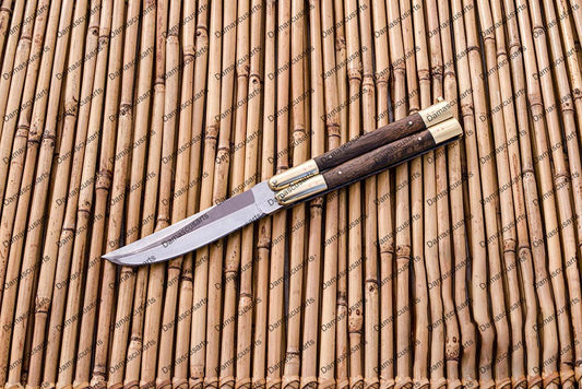 Personalized Custom Handmade D2 Tool Steel Original Filipino Balisong Butterfly Knife Brass with Narra Wood with Leather Sheath