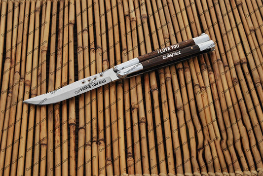 Personalized Custom Handmade D2 Tool Steel Original Filipino Balisong Butterfly Knife Aluminum with Narra Wood Inserts with Leather Sheath