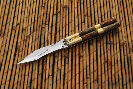 Personalized Custom Handmade D2 Tool Steel Original Filipino Balisong Butterfly Knife Brass with Narra Burl Wood with Leather Sheath