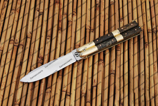 Personalized Custom Handmade D2 Tool Steel Original Filipino Balisong Butterfly Knife Brass with Narra Burl Wood with Leather Sheath