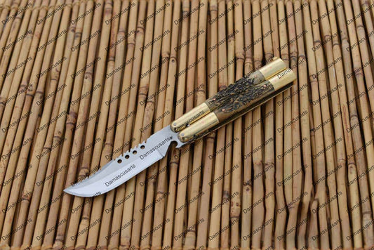 Personalized Custom Handmade D2 Tool Steel Original Filipino Balisong Butterfly Knife Brass with Philippine Sambar Deer Horn Inserts with Leather Sheath