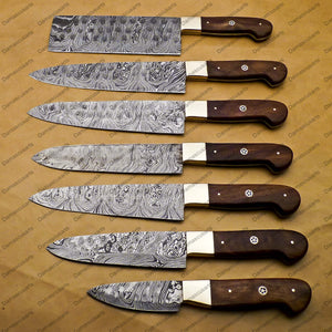 7 Pc Damascus Chef Knife Vintage Knife Forged Steel Knife Perfect Gift Handcrafted Kitchen Assortment Anniversary set with Leather Sheath