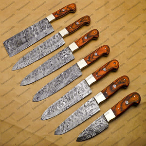 7 Pc Damascus Chef Knife Vintage Knife Forged Steel Knife Perfect Gift Handcrafted Kitchen Assortment Anniversary set with Leather Sheath