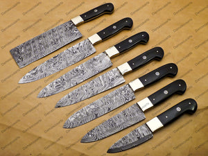 7 Pc Damascus Chef Knife Vintage Knife Forged Steel Knife Perfect Gift Handcrafted Kitchen Assortment Anniversary set with Leather Sheath