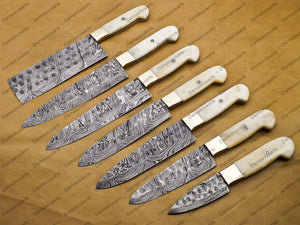 7 Pc Damascus Chef Knife Forged damascus Steel Knife Perfect Gift Handcrafted Kitchen Assortment Anniversary set with Leather Sheath