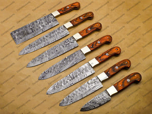 7 Pc Damascus Chef Knife Vintage Knife Forged Steel Knife Perfect Gift Handcrafted Kitchen Assortment Anniversary set with Leather Sheath