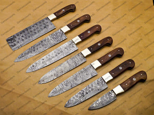 7 Pc Damascus Chef Knife Vintage Knife Forged Steel Knife Perfect Gift Handcrafted Kitchen Assortment Anniversary set with Leather Sheath