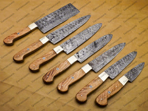 7 Pc Damascus Chef Knife Vintage Knife Forged Steel Knife Perfect Gift Handcrafted Kitchen Assortment Anniversary set with Leather Sheath