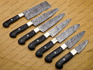 7 Pc Damascus Chef Knife Vintage Knife Forged Steel Knife Perfect Gift Handcrafted Kitchen Assortment Anniversary set with Leather Sheath