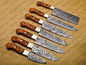 7 Pc Damascus Chef Knife Vintage Knife Forged Steel Knife Perfect Gift Handcrafted Kitchen Assortment Anniversary set with Leather Sheath