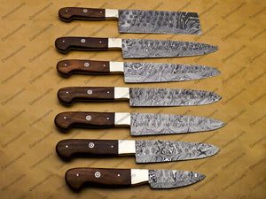 7 Pc Damascus Chef Knife Vintage Knife Forged Steel Knife Perfect Gift Handcrafted Kitchen Assortment Anniversary set with Leather Sheath