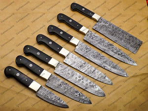 7 Pc Damascus Chef Knife Vintage Knife Forged Steel Knife Perfect Gift Handcrafted Kitchen Assortment Anniversary set with Leather Sheath