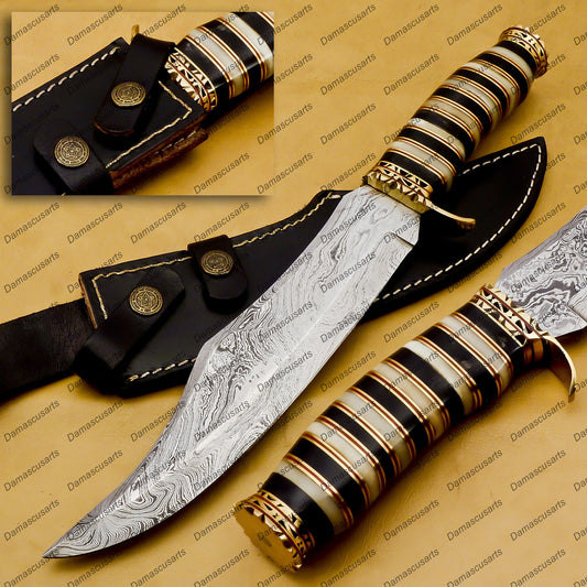 Customize Hand Made Damascus Fixed Blade Hunting Bowie Skinner Survival Handmade Knife Outdoor Bowie Damascus Knife with Leather Sheath