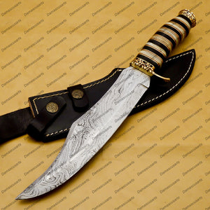 Customize Hand Made Damascus Fixed Blade Hunting Bowie Skinner Survival Handmade Knife Outdoor Bowie Damascus Knife with Leather Sheath