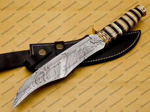 Customize Hand Made Damascus Fixed Blade Hunting Bowie Skinner Survival Handmade Knife Outdoor Bowie Damascus Knife with Leather Sheath