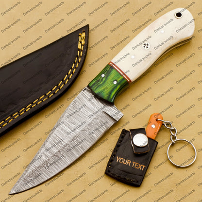 Customize Custom Hand Made Forged Hunter Knife Damascus Steel Bowie Knife Handle Dia Bone with Leather Sheath Free Key Chain Gift