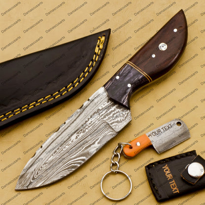 Customize Custom Hand Made Forged Hunter Knife Damascus Steel Bowie Knife Handle Dia Bone with Leather Sheath Free Key Chain Gift