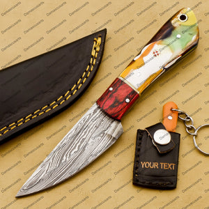 Customize Custom Hand Made Forged Hunter Knife Damascus Steel Bowie Knife Handle Dia Bone with Leather Sheath Free Key Chain Gift