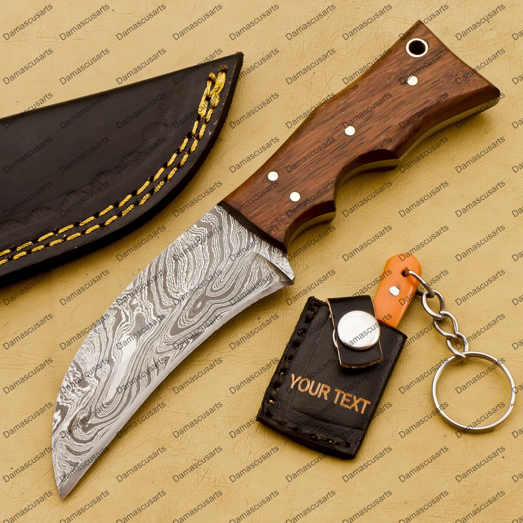 Customize Custom Hand Made Forged Hunter Knife Damascus Steel Bowie Knife Handle Dia Bone with Leather Sheath Free Key Chain Gift