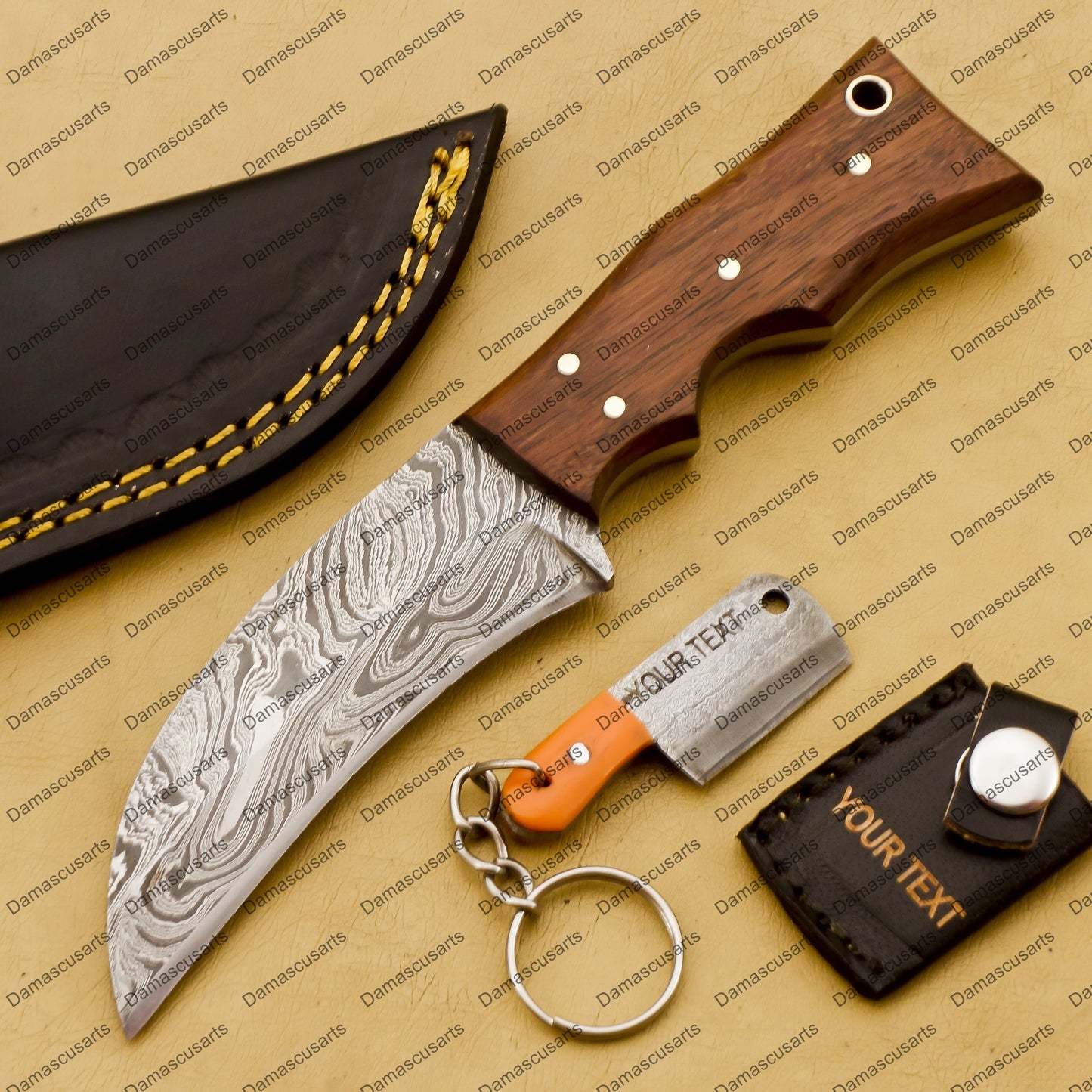 Customize Custom Hand Made Forged Hunter Knife Damascus Steel Bowie Knife Handle Dia Bone with Leather Sheath Free Key Chain Gift