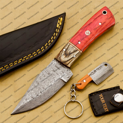 Customize Custom Hand Made Forged Hunter Knife Damascus Steel Bowie Knife Handle Dia Bone with Leather Sheath Free Key Chain Gift