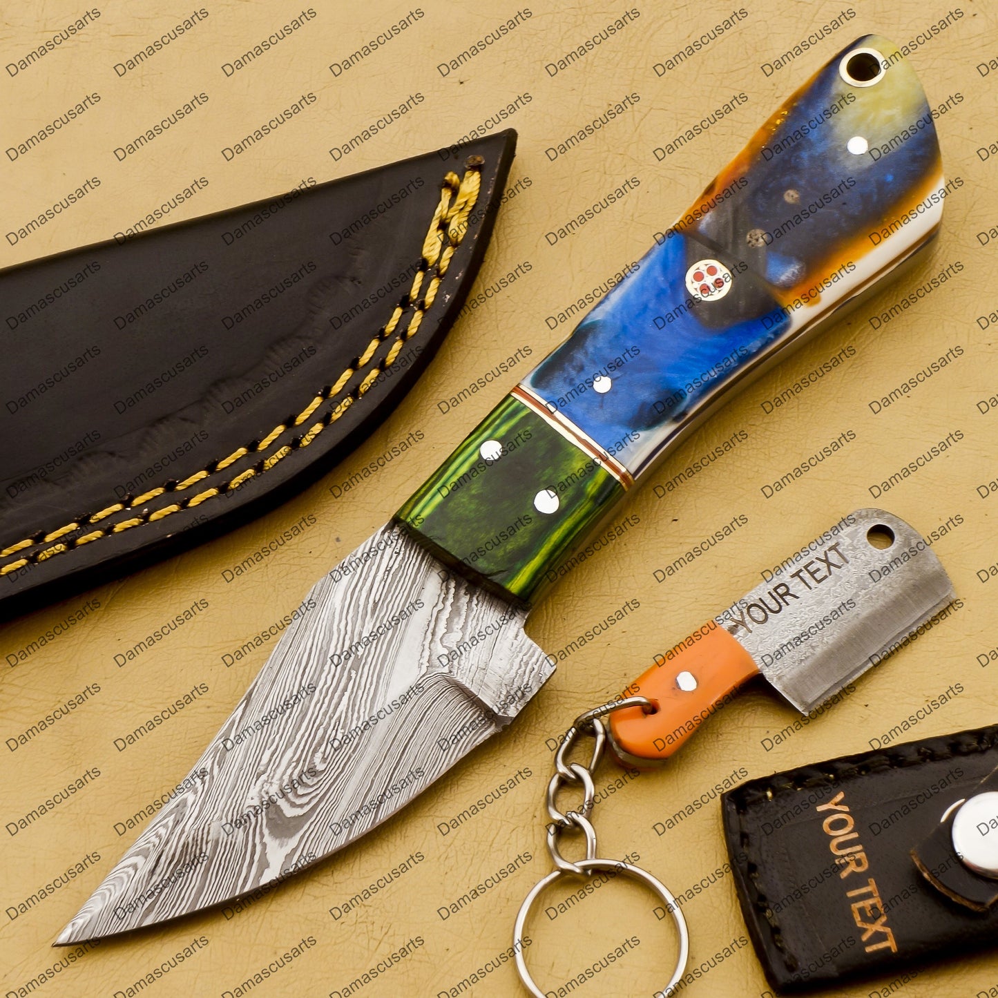 Customize Custom Hand Made Forged Hunter Knife Damascus Steel Bowie Knife Handle Dia Bone with Leather Sheath Free Key Chain Gift