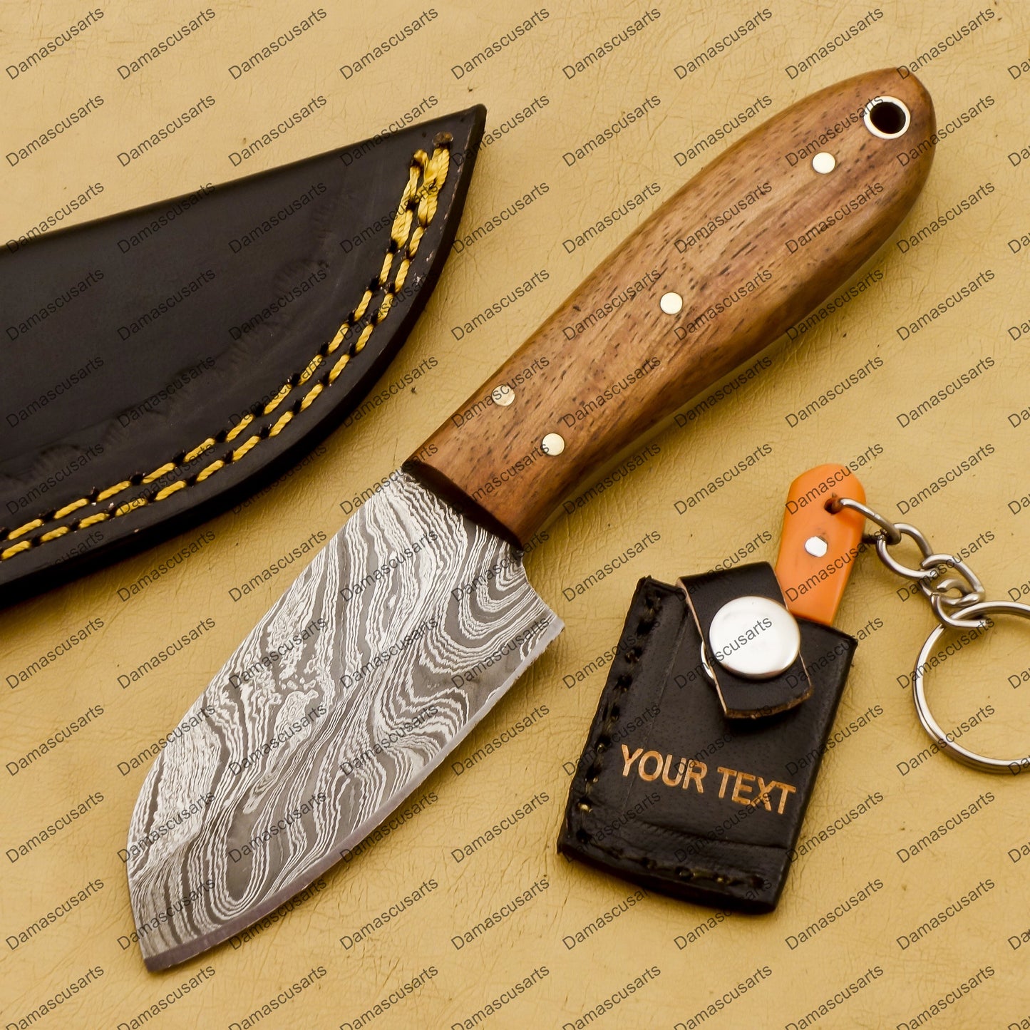 Customize Custom Hand Made Forged Hunter Knife Damascus Steel Bowie Knife Handle Tali Wood with Leather Sheath Free Key Chain Gift